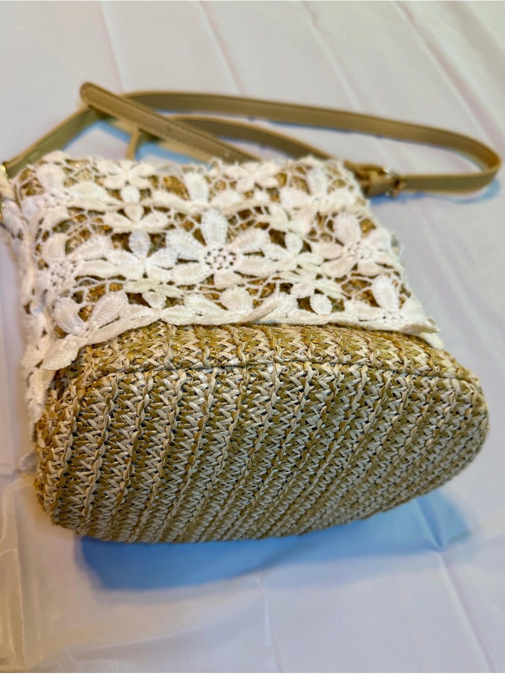 White Crochet Lace Straw Crossbody Bag with Tan Strap - Picture 3 of 8
